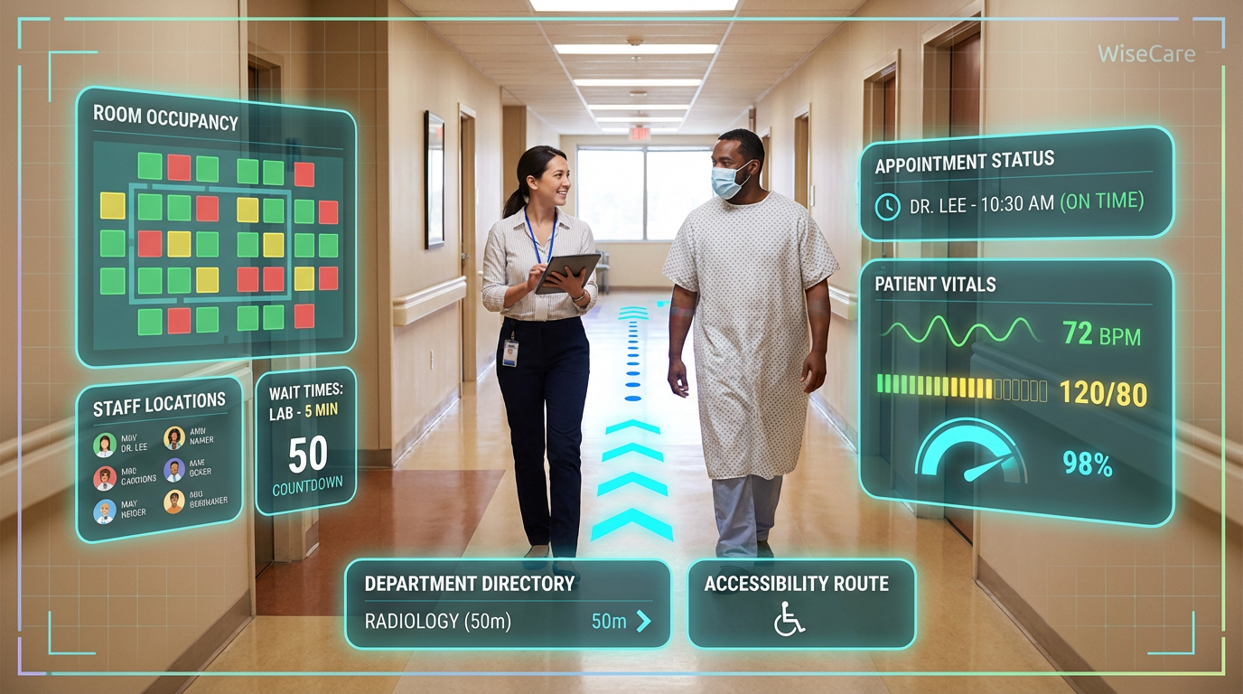 Hospital AR wayfinding with blue-dot navigation
